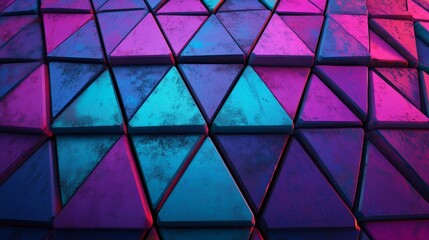 Poster - A neon 3D banner featuring an illuminated blue and pink abstract surface adorned with tetrahedrons, embodying a high-tech aesthetic