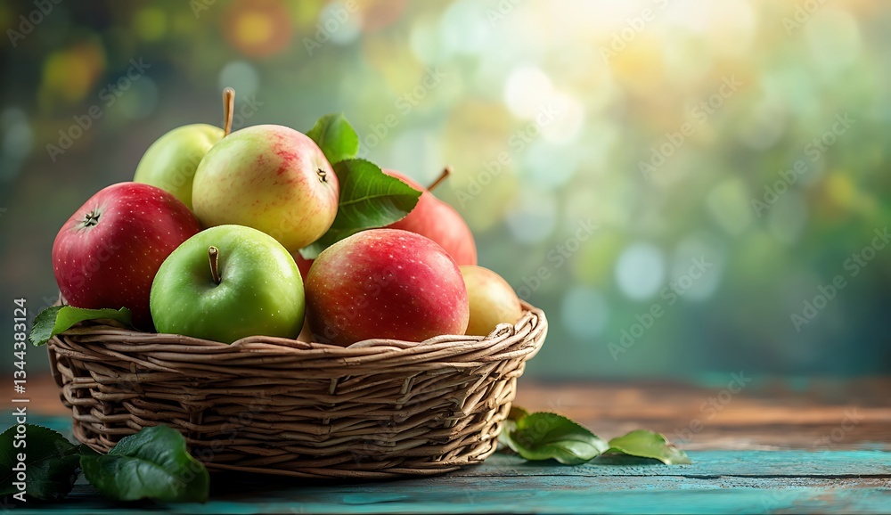 A basket of apples on the table, green and red apples