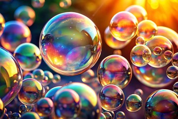 Poster - Sparkling Clear Bubbles Floating in Air, Right Side Copy Space,  Clean Background