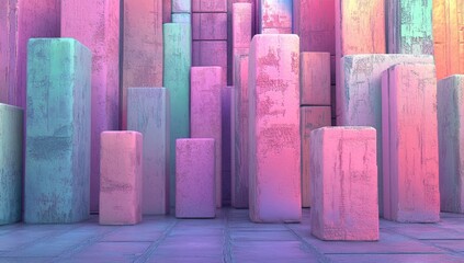 Fototapete - A colorful abstract city composed of geometric shapes is depicted in a 3D rendering