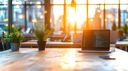 Poster - Modern workspace with laptop and plants during sunset in urban environment