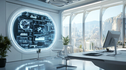 Poster - futuristic office space featuring advanced technology, large windows with city view, and high tech display showcasing data and analytics. design is sleek and modern, creating inspiring work