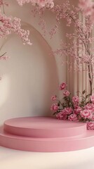 Poster - A charming round platform adorned with soft pink flowers creates a serene ambiance within a warm indoor space, ideal for gatherings or special events during spring