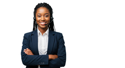 Portrait of a happy call center black woman arms crossed isolated on transparent, White background