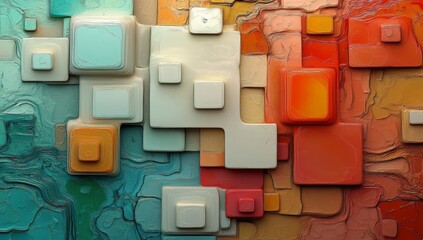 Poster - A 3D rendering features abstract geometric shapes and cubes arranged in vibrant, multicolored layers with prominent yellow, red, and orange hues