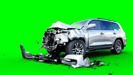 Wall Mural - generic 3d car crash test. car destruction. green screen isolate. 3 rendering,