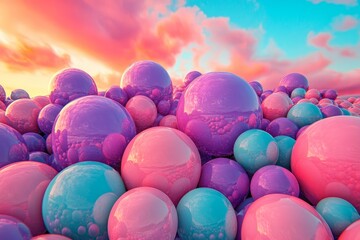 Poster - Pastel-hued soft balls with vibrant colors are set against an abstract background