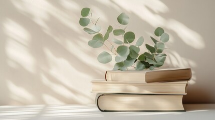 Aufkleber - A gentle arrangement features a trio of books stacked together, topped with vibrant eucalyptus leaves