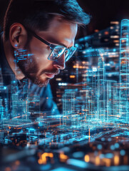 Poster - urban planner focused on holographic digital cityscape, showcasing futuristic architecture and technology. scene conveys innovation and creativity in urban development