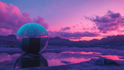 Fototapete - A cube is rendered in 3D inside a glass container under a sunny sky