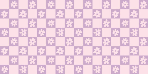 Poster - Cute girly floral check vector background, seamless repeating daisy doodle checkered soft pastel groovy retro wallpaper design