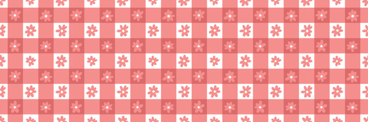 Aufkleber - Red and white floral daisy check cute gingham plaid vector pattern background, checkered flower print banner design