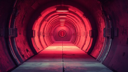 Poster - A futuristic red geometric corridor is depicted in a 3D rendering