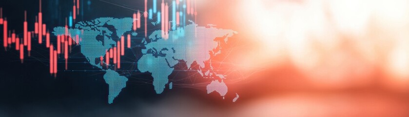 Poster - Digital world map with financial graphs, representing global trade and economic trends against a blurred background.