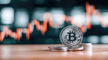 Poster - Coins stacked with a Bitcoin logo in the foreground, reflecting a digital trading chart in the background, symbolizing cryptocurrency investment and market trends.