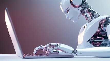Wall Mural - futuristic humanoid robot typing on laptop, representing ai technology and machine learning