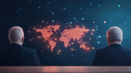 Poster - Two businessmen observe a digital world map illuminated with data points, symbolizing global connectivity and technology in business.