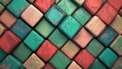 Poster - A 3D rendering features multicolored cubes arranged in an abstract geometric design with a rainbow effect