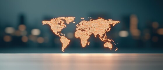 Poster - Illuminated world map with a blurred city backdrop, symbolizing global connection and modernity.