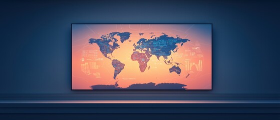 Poster - Stylized world map illustration with vibrant colors and geographic details, set against a sleek background.