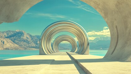 Poster - A serene sunset landscape serves as the backdrop for a 3D rendering of geometric rings