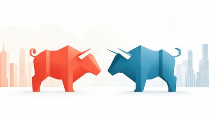 Poster - Two origami bulls, one red and one blue, face each other against a city skyline, symbolizing market competition or duality.