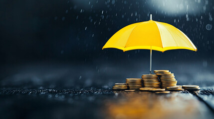 Poster - A yellow umbrella stands upright over a stack of coins, symbolizing protection and security. Raindrops fall around the coins, emphasizing the theme of safety and financial well-being.
