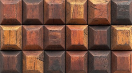 Fototapete - The background image is a 3D render of a wood block wall with a mosaic wallpaper that has a diamond tile pattern made of light and dark timber