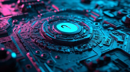 Poster - The concept of location technology is represented by a map pin on a microchip, where data flows from the central processing unit across a futuristic motherboard in a three-dimensional render