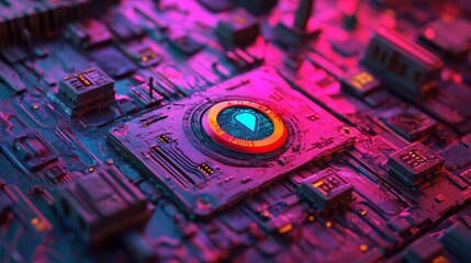 Poster - The concept of Location Technology is depicted on a Microchip with a map pin symbol, as White Neon Data flows between the CPU and the User across a futuristic motherboard, shown in a 3D render