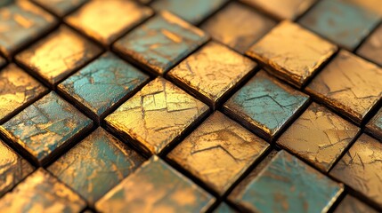 Poster - The background of this wall is a luxurious gold color, adorned with polished tiles and a wallpaper that features triangular 3D blocks in a 3D render