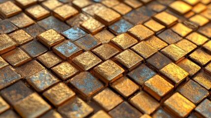 Poster - Rectangle tiles are arranged to form a 3D wall with a glossy, luxurious gold background in a 3D render