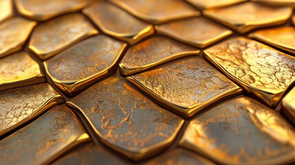 Poster - The arrangement of Triangular Tiles creates a Gold wall, with a 3D, Glossy Background made from Luxurious blocks, all part of a 3D Render