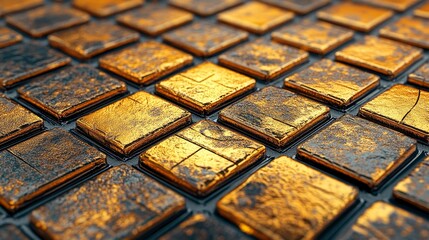 Poster - The background features a gold block made up of stacked, glossy bullion in a rectangular shape, with polished 3D mosaic tiles arranged in the shape of a wall in the foreground, created using 3D