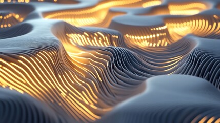 Poster - Flowing light waves digital landscape abstract art illuminated environment 3d perspective futuristic concept