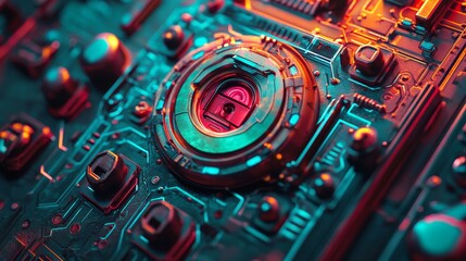 Poster - The Information Technology Concept is depicted on a Microchip with an info symbol, showcasing data flow across a Futuristic Motherboard in 3D