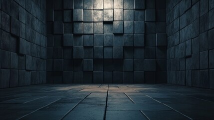 Poster - The arrangement of 3D tiles results in a black wall, with a semigloss finish, set against a futuristic background made up of square blocks, all part of a 3D rendering