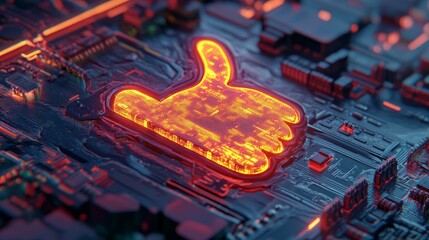Poster - The concept of social media technology is depicted in a vibrant Orange and Yellow hue, with a like symbol illuminated as a neon light on a sleek, high-tech floor set against a black background, all
