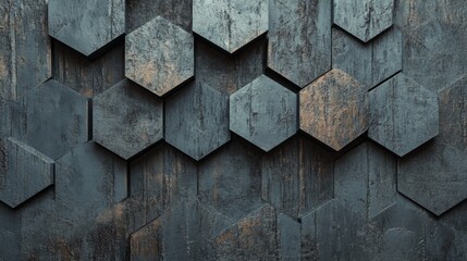 Poster - The background of this 3D render features concrete hexagonal bricks stacked to form a semigloss block, with polished 3D mosaic tiles arranged in the shape of a wall