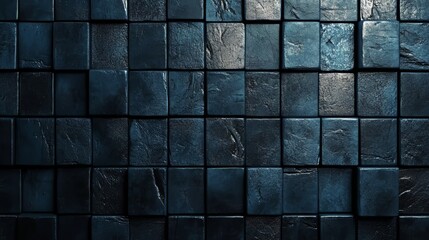 Poster - The image features a 3D arrangement of rectangular mosaic tiles in the shape of a wall, with a background of polished blocks created by stacked black semigloss bricks, rendered in 3D