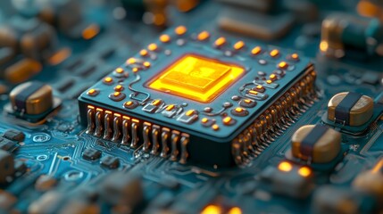 Poster - The concept of Energy Technology is depicted on a Microchip with a low battery symbol, where Orange Neon Data streams between the battery and the User across a futuristic motherboard, as shown in a