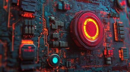 Poster - The power symbol on a Microchip activates the Technology Concept, enabling Orange Neon Data to flow between the CPU and the User across a Futuristic Motherboard in a 3D render