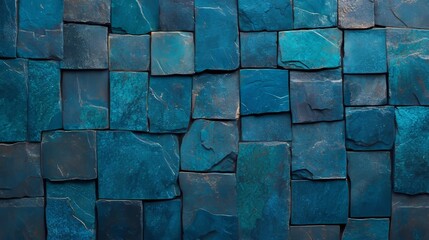 Poster - The image features a wall composed of polished, glazed mosaic tiles, with a background consisting of rectangular blue patina bricks stacked to form a 3D block, generated through 3D rendering