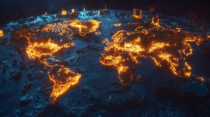 Poster - Global energy distribution visualization world map digital art dark environment aerial view futuristic concept