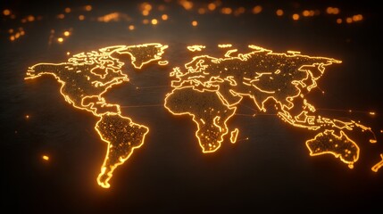 Fototapete - Global connectivity through neon lights world map digital art futuristic environment aerial view technology concept