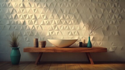 Fototapete - High Tech Light 3D Wallpaper Featuring White Polygonal Surface and Triangular Pyramids.’ becomes ‘Light 3D Wallpaper with a High Tech White Polygonal Surface and Triangular Pyramids Design