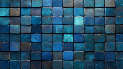 Poster - A 3D Render showcases a wall composed of Blue Patina and Polished Mosaic Tiles, set against a background of stacked Glazed Rectangular Bricks forming a 3D block