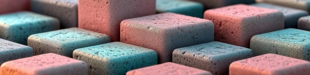 Poster - A 3D rendered tech wallpaper showcases a multicolored block background, blended with soft natural pastel hues