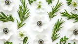 Floral flat lay with anemone and herbs on a white background for a nature concept