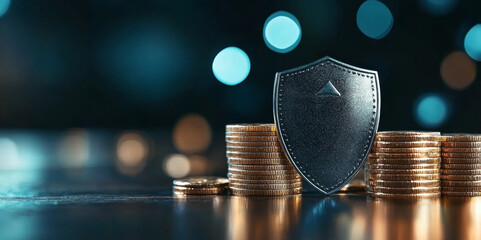 Fototapete - A formed shield stands prominently among a series of stacked coins, symbolizing safety and privacy in banking practices.